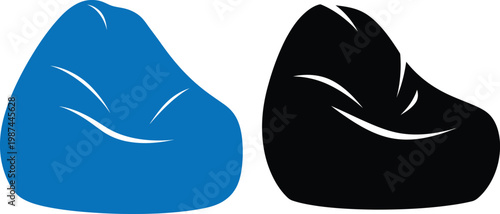 Two beanbag chairs are displayed one blue and one black with simple white accents