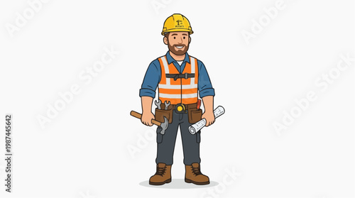 An illustrated builder in a high-visibility vest, hard hat, and tool belt, ready for construction work.