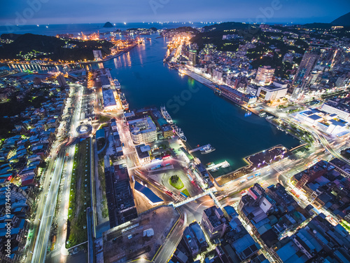 Wallpaper Mural Aerial View of Keelung City Skyline - Port city concept image. Panoramic cityscape birds eye view use the drone in evening, major port city situated in the northeastern part of Taiwan. Torontodigital.ca