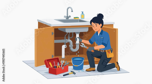 A skilled female plumber meticulously repairs a kitchen sink. The scene focuses on precision, problem-solving, and the essential role of skilled tradespeople.