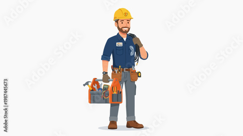 An illustrated electrician or construction worker stands confidently with his tool belt and toolbox. A representation of construction, job, occupation, profession and labor.