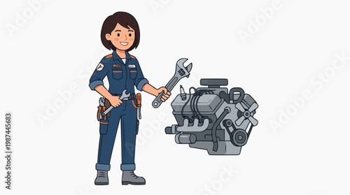 An auto mechanic stands confidently beside an engine, holding a wrench in a detailed and lifelike illustration.