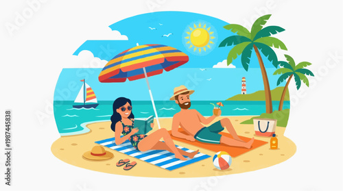 Enjoy the vibrant seaside scene of a couple relaxing under an umbrella, basking in the sun's warm glow on a sandy shore, complete with a beach ball, a sailing vessel.