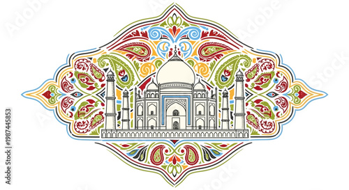 Taj Mahal intricate colorful paisley frame vector illustration.