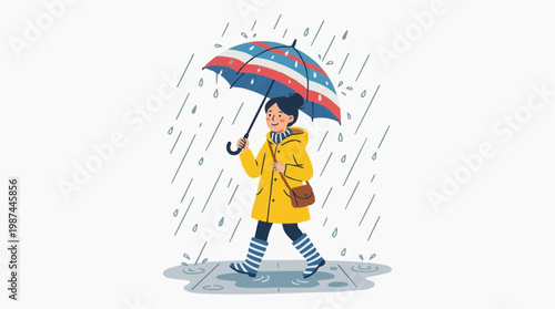 A cheerful person navigates a rainy day with an open umbrella, the illustrated scene bursting with vibrant colors and optimistic energy.