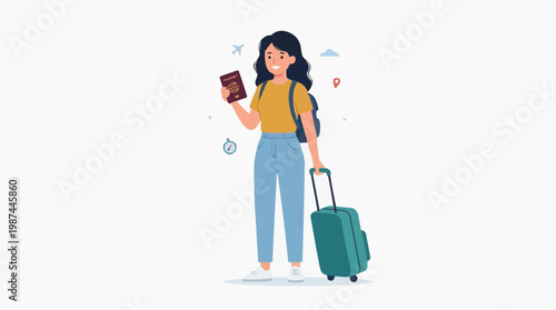A vibrant illustration captures the essence of a woman ready for her travels. She is standing with suitcase and passport. Her enthusiasm for adventure is clearly visible. 