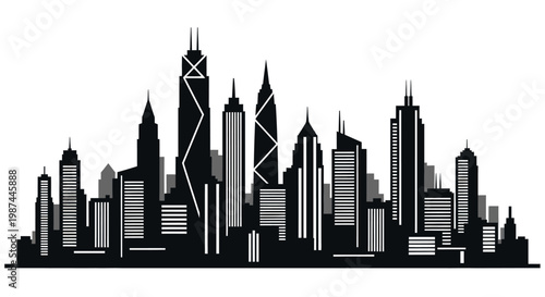Modern City Skyline Silhouette with Tall Buildings and Urban Architecture.