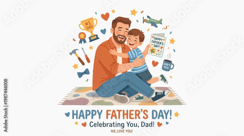 A heartwarming illustration capturing the essence of Father's Day, showcasing a loving father and son embracing, surrounded by symbolic elements that evoke love and celebration.