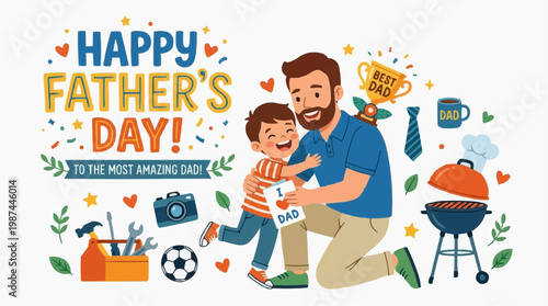 A heartfelt Father's Day greeting in vibrant, illustrated style. capturing the bond between father and son. This illustration is perfect for conveying love, appreciation, and the joys of fatherhood.