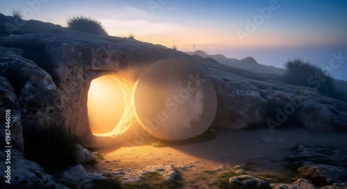 Holy image of resurrection morning with tomb open illuminated by divine light breaking through dramatic sky