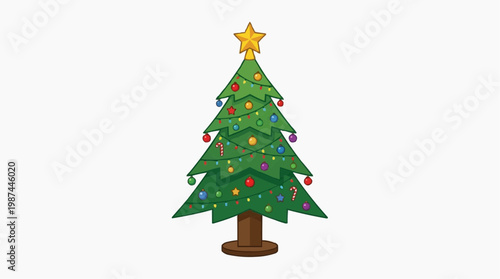 A vibrantly decorated Christmas tree standing proudly, a symbol of festive cheer and holiday tradition. with a star on top.