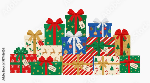 A collection of vibrantly wrapped gift boxes, each adorned with festive ribbons and tags, showcasing a visual symphony of holiday cheer.