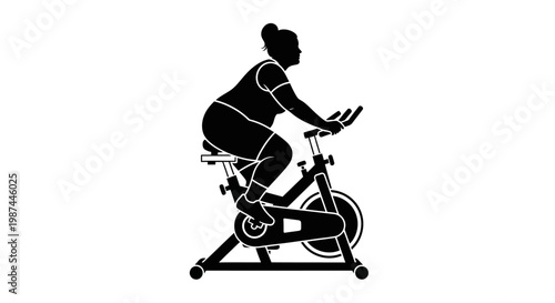 Overweight person silhouette exercising on stationary spin bike.