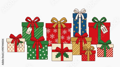 A festive arrangement of beautifully wrapped gifts, each adorned with a vibrant bow, symbolizes the spirit of generosity, joy, and anticipation of special occasions.