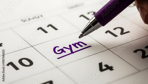 A close-up of a hand writing 'Gym' on a calendar date using a purple pen, emphasizing fitness planning.
