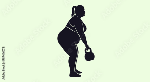 Silhouette of an overweight woman exercising with a kettlebell.