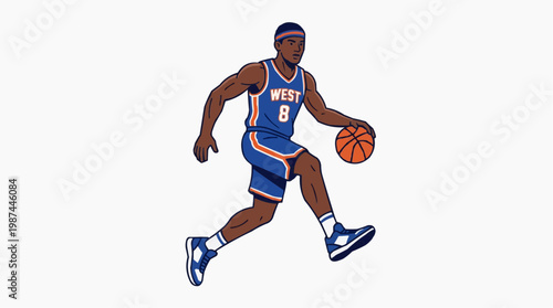 A dynamic illustration of a basketball player dribbling, showcasing athleticism and determination in a high-energy pose. 