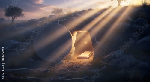 Premium studio portrait of resurrection empty tomb illuminated by dramatic sunrise light symbolizing eternal hope