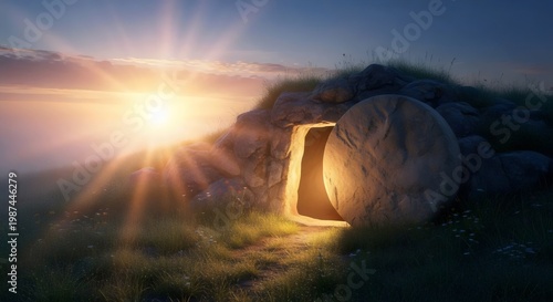 Elegant religious depiction of resurrection scene at dawn with stone rolled away illuminated by divine rays of light