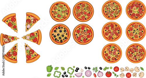 Pizza Set Collection with Whole Pizzas, Slices and Fresh Ingredients Including Pepperoni, Vegetables, Olives for Restaurant Menu, Fast Food and Delivery Design