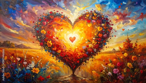 Floral heart tree on a bright landscape. Warm colors, soft focus, impressionistic. Light shining from center heart