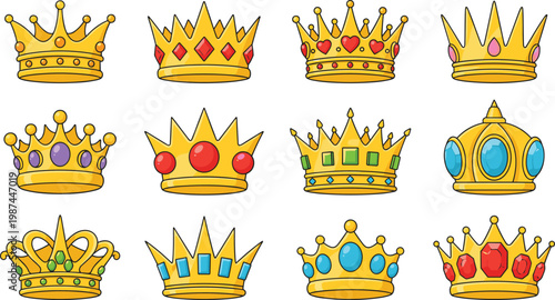 Colorful vector illustration set of golden royal crowns decorated with vibrant multi-colored gemstones.