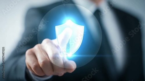 Digital Shield of Protection: A person's hand activates a glowing digital shield, symbolizing robust security, and safeguarding against cyber threats. Illustrating digital safety, data protection.