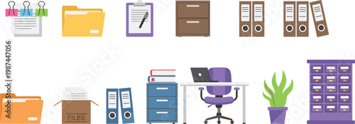 Colorful vector illustration set of office organization tools, filing cabinets, document folders, and professional workplace furniture.