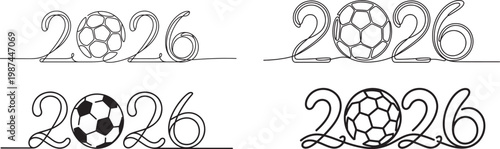 The year 2026 is creatively integrated with soccer balls in line art.