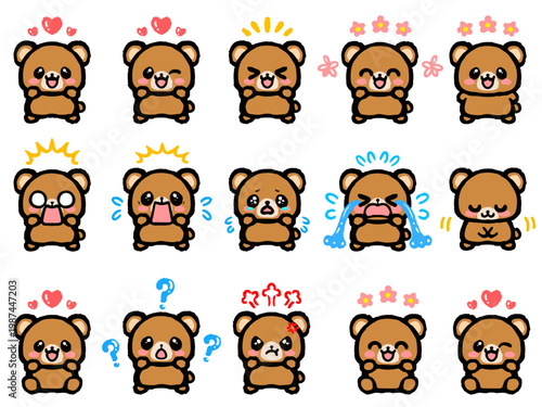 可愛い熊の喜怒哀楽表情イラスト素材セット
