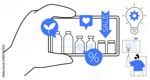 E-commerce, sustainability, eco-shopping, discounts, innovation, mobile apps, digital marketing. Hand holding smartphone displaying products with icons of sale eco leaf and heart. E-commerce