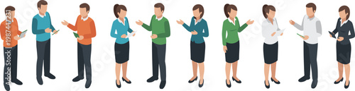 Vector illustration of business professionals in pairs collaborating, discussing ideas, and communicating in workplace settings