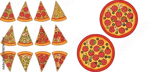 Pizza Slice and Whole Pizza Collection with Various Toppings Set for Fast Food Menu, Italian Cuisine Illustration, Restaurant Branding, and Delivery Design