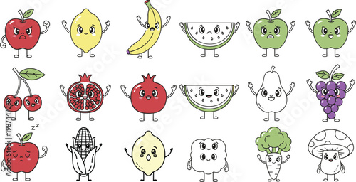 Vector illustration of cartoon fruits and vegetables with expressive faces, arms, and legs showing playful emotions