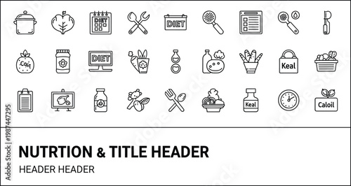 Nutrition diet healthy food outline icon set including calories vegetables meal planning kitchen cooking wellness symbols vector collection