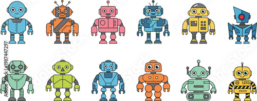 Vector illustration of colorful cartoon robots with diverse designs, mechanical details, antennas, gears, buttons, and expressive faces