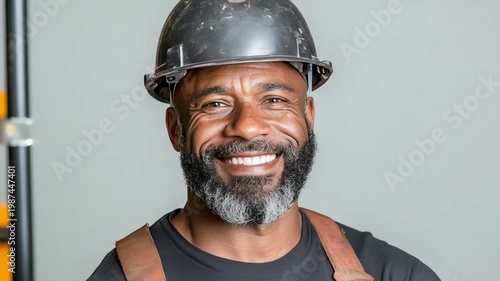 Portrait of a Resilient Professional: A construction worker, wearing a hard hat, embodies the spirit of skill and dedication, with a captivating smile that speaks volumes about his professional pride.
