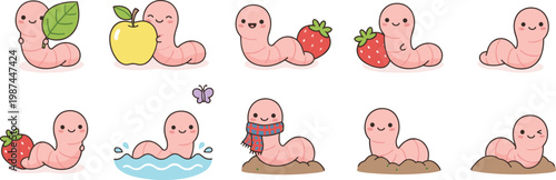 Vector illustration of cute cartoon worms in playful poses with fruits, leaves, scarf, butterfly, and soil scenes