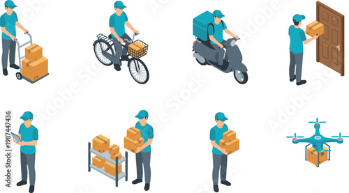 Vector illustration of delivery and logistics activities including workers, packages, bicycle, scooter, drone, and modern transport
