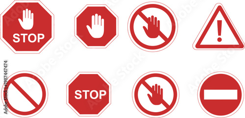 Collection of red traffic and warning signs stop prohibition and caution
