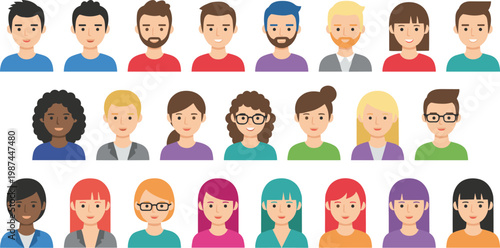 Vector illustration of diverse cartoon avatars with varied hairstyles, clothing, skin tones, and expressive character designs