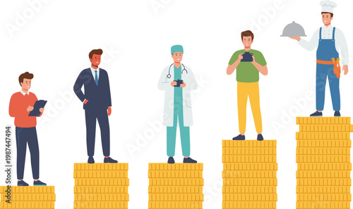 Vector illustration of different professions standing on coin stacks representing salary comparison and income disparity