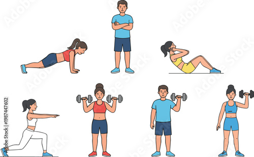 Vector illustration of fitness exercises including plank, sit ups, squats, and dumbbell workouts for strength training