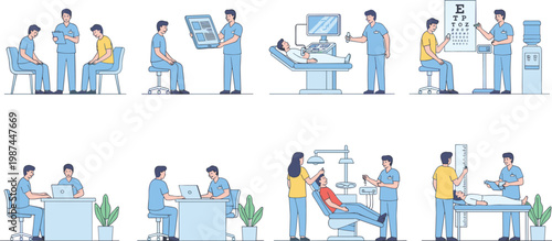 Vector illustration of healthcare consultations including diagnostics, vision testing, dental care, patient records, and medical examinations