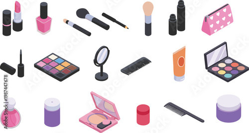 Vector illustration of makeup and beauty products including lipstick, nail polish, brushes, eyeshadow palettes, and cosmetic accessories