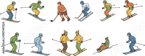 Vector illustration of winter sports activities including skiing, ice hockey, sledding, and dynamic outdoor recreation