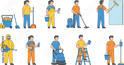 Vector illustration set of professional cleaning service staff performing janitorial tasks like mopping, vacuuming, and window washing.