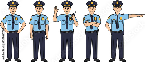 Vector illustration set of professional police officers in uniform performing various law enforcement duties.