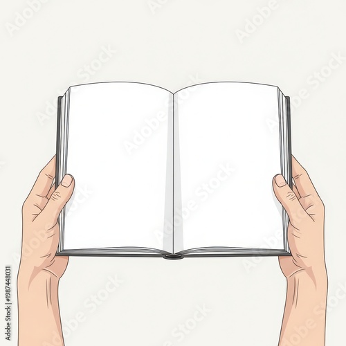 Two hands holding an open blank book with empty pages for design