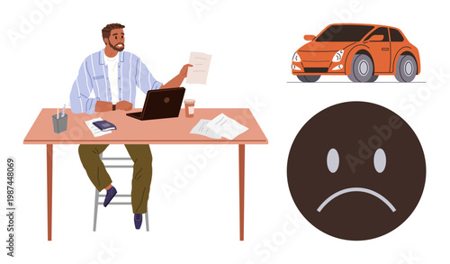 Financial issues, car insurance, debt management, customer service, paperwork, dissatisfaction. A man at a desk holding papers, an orange car and a sad face symbol. Financial issues and car